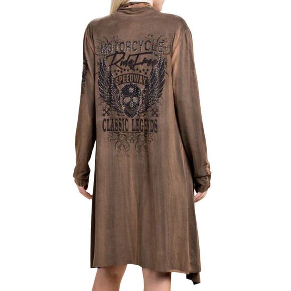 Voice Of California Queen Of The Road Long Jacket Open Cardigan S Tan Brown Moto - Picture 1 of 7
